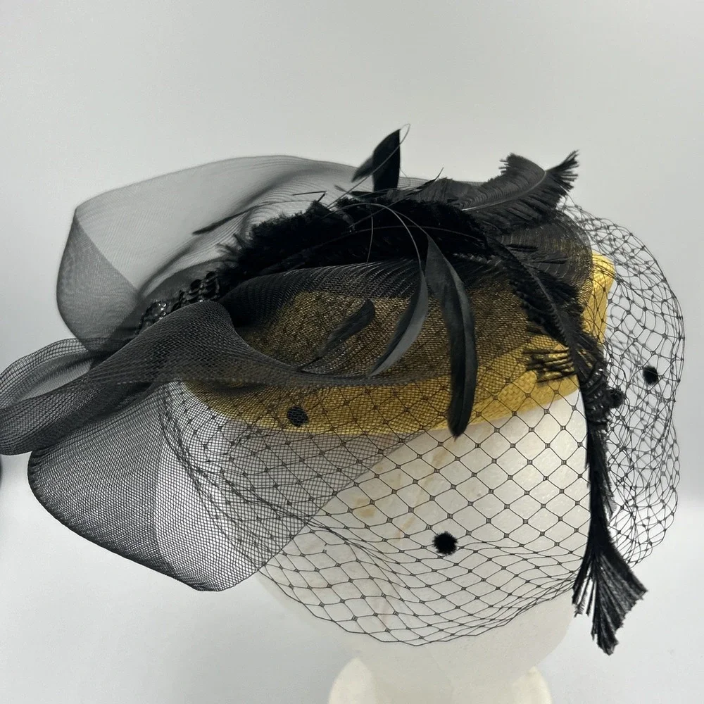 Yellow Black Fascinator Funeral Church Tea Party Hat Feathers Sequin Mesh
